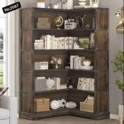 Corner Bookshelf, 5-Tier L-Shaped Display Shelf, for Living Room Bedroom Study Office, Rustic Brown