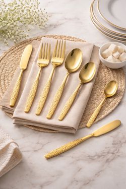 Vintage 1970s Electroplated Gold-Tone Stainless Steel Flatware Set, 50 Pieces