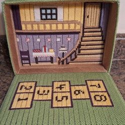 Handcrafted Needlepoint Doll House, Travel Case With Dolls, Cat, Dog & Clothes.