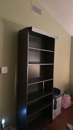 Tall gray Bookcase with 6 Shelves and light