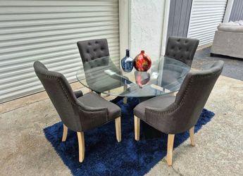 Modern Glass Dining Table Set – 4 Tufted Chairs Included!