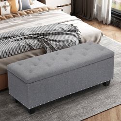 Gray MoNiBloom 42" Microfiber Rectangle Storage Ottoman, Upholstered Tufted Footrest Stool Footstool with Nailhead Trims for Living Room Bedroom Home 
