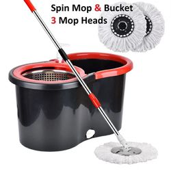 Spin Mop and Bucket, Microfiber Spin Mop & Bucket for Floor Cleaning, Dust Mop Kit with 3 Mop Heads, Floor Mop with Stainless Steel Wringer Set, Mops 