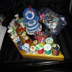 Sewing Supplies, Wood Spool CADDY, Vtg Pin Cushions 
