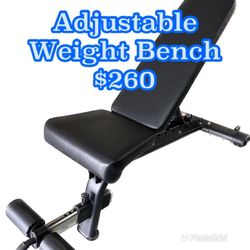 Adjustable weight bench brand new still in the box.  three positions with different variations, incline, decline, and flat