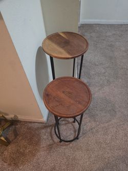 Matching Rustic Wood & Metal Plant Stands / Accent Tables (Set of 2)