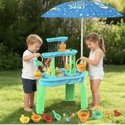 3-Tier Toddler Kids Water Sand Table with Umbrella - Summer Outdoor Toys with Stable Design - Juego Sensorial De Verano Con Agua Y Aarena para Activid