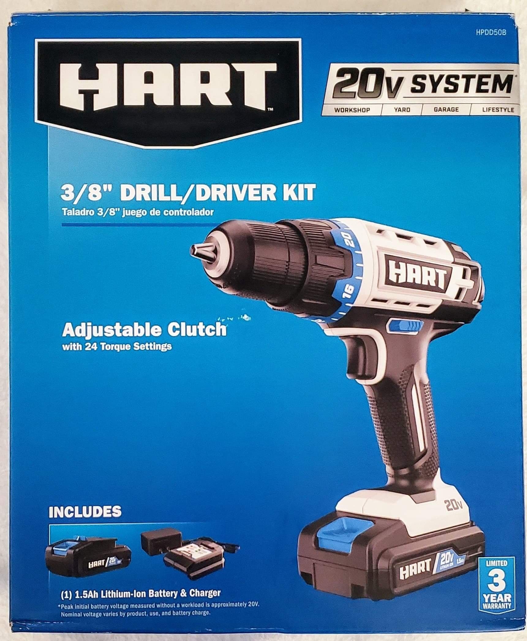 New 3/8 Drill/*Driver Kit -HART "20"-Volt Cordless 3/8-inch - 1.5Ah Lithium-Ion Battery,