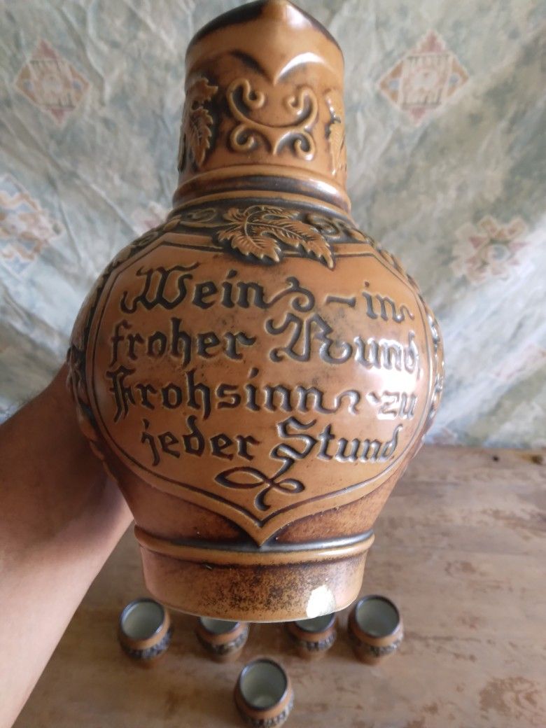 German Stoneware Wine Pitcher With 5 Cups