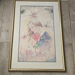 P. Solvesky Original Colored Pencil Framed Art Woman Stars Flower 38x26"