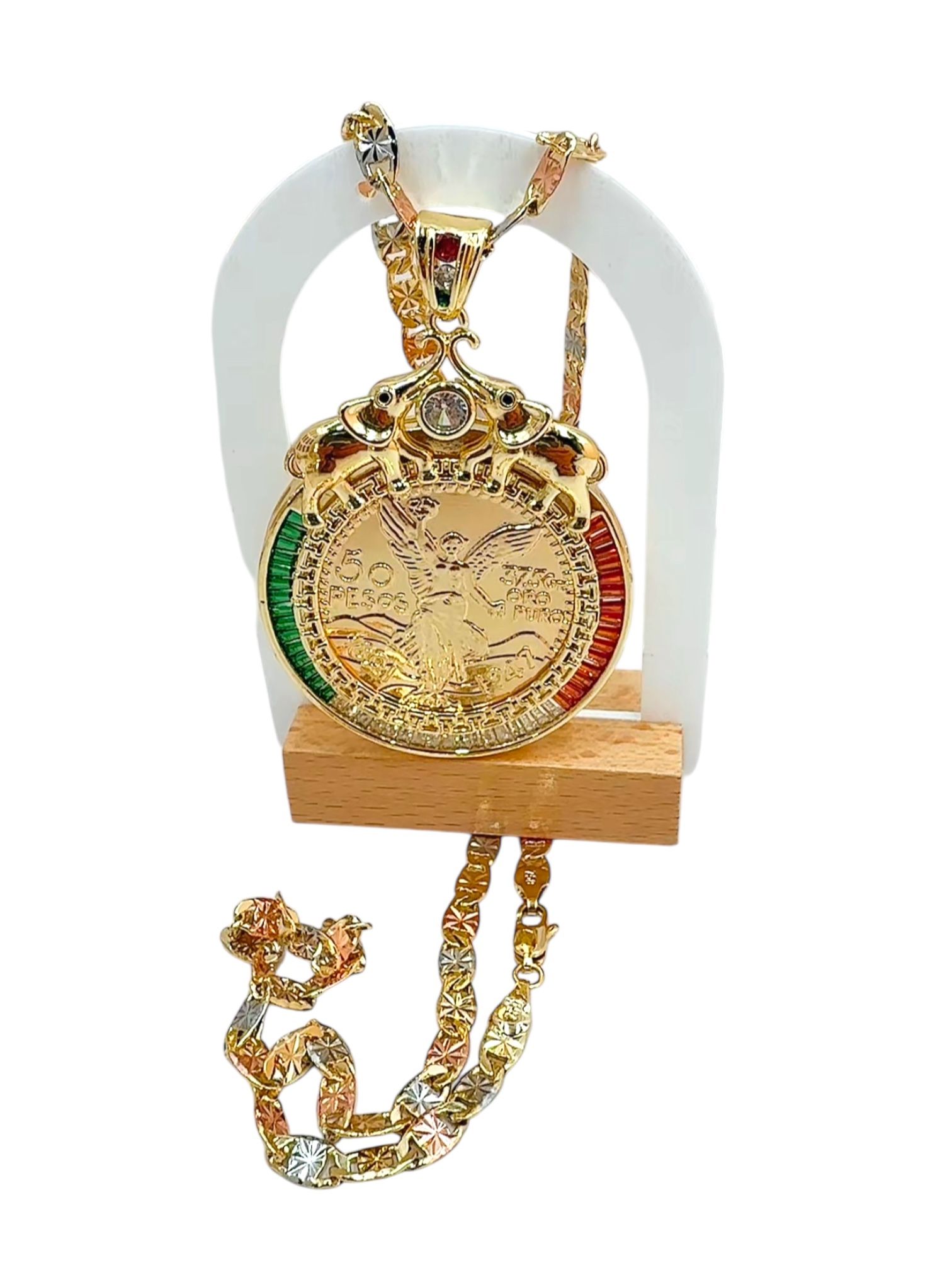 Mexican Centenario 50 Peso Coin Tri-Tone Chain CZ Pendant, Gold Plated 24" Chain