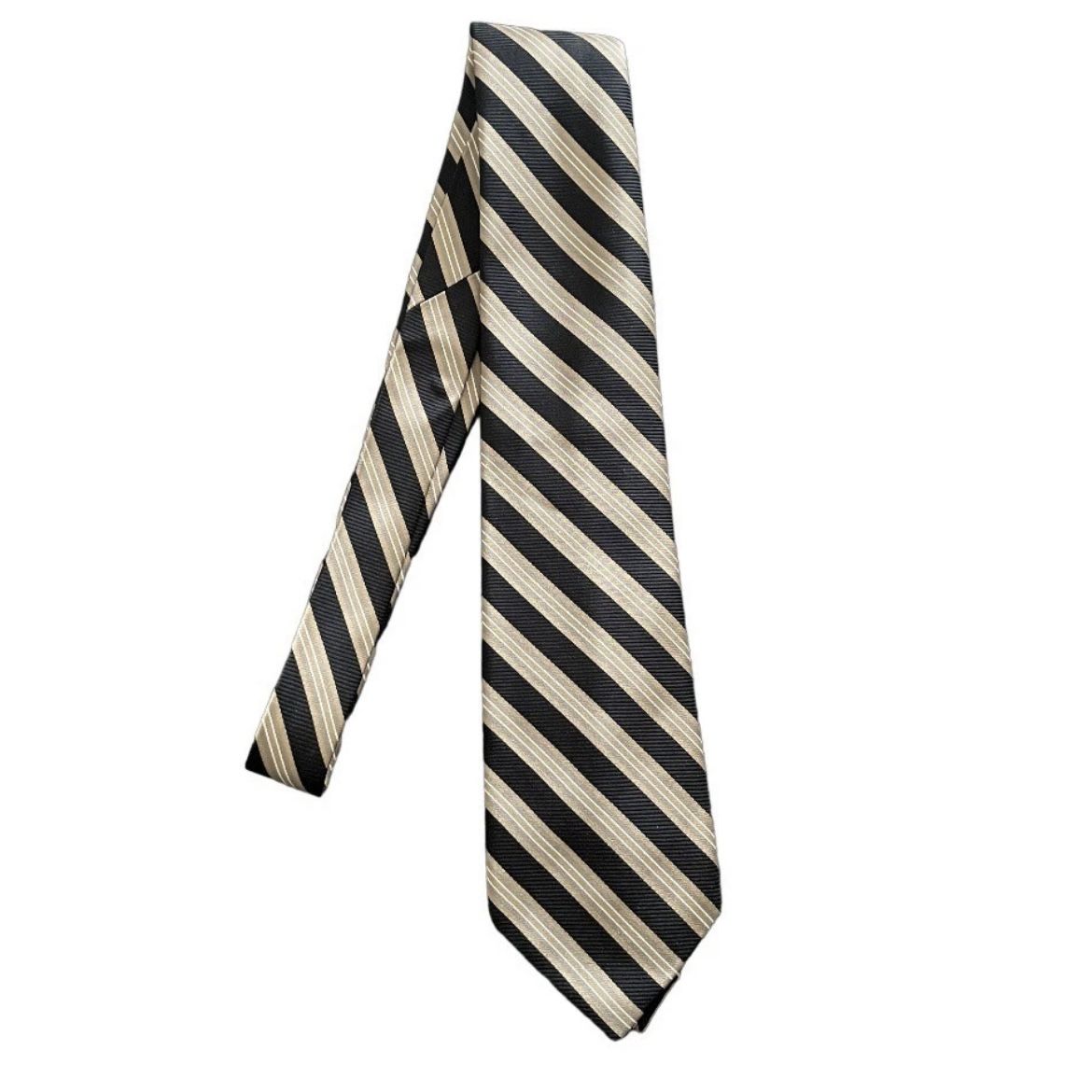 Chaps Mens Silk Tie Necktie Black Tan Beige Diagonal Stripe