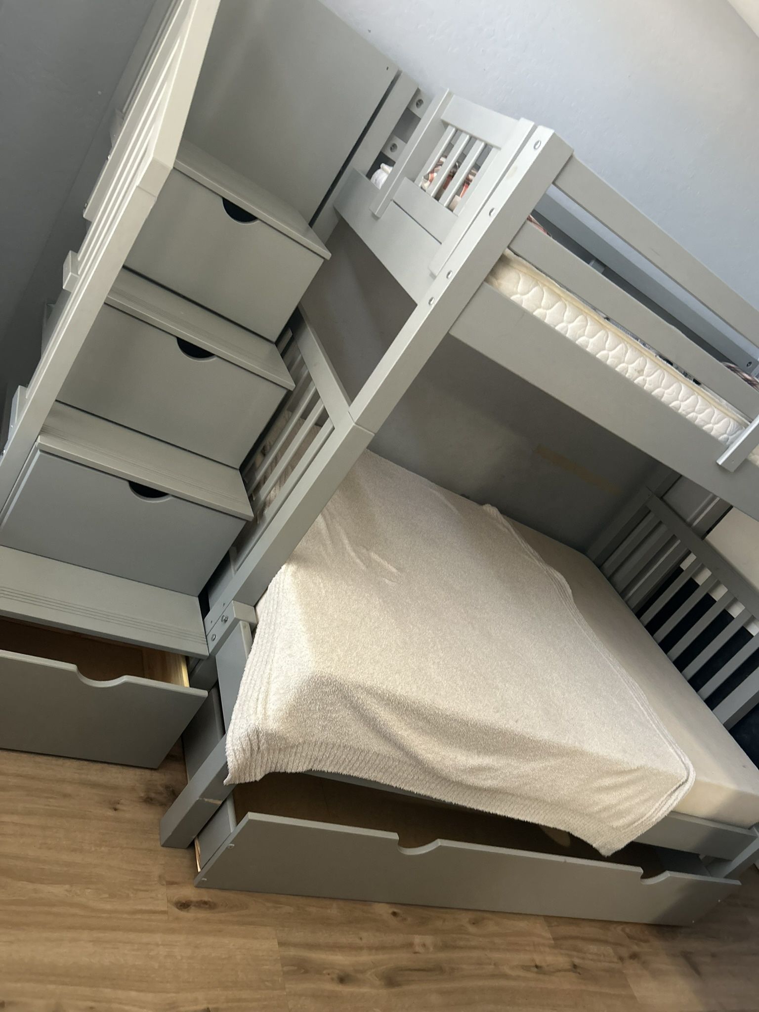 Gray Bunk bed with storage and stairs for kids