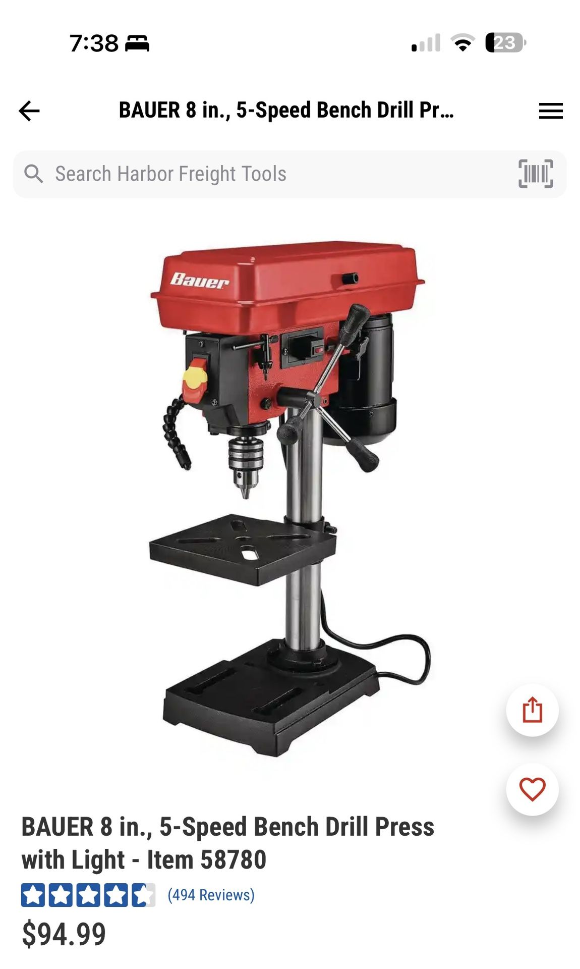 BAUER 8 in., 5-Speed Bench Drill Press with Light