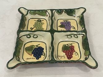 Style Eyes Baum Brothers ceramic divided serving dish with grape and wine varietal designs. 8 1/4” x 8 1/4”