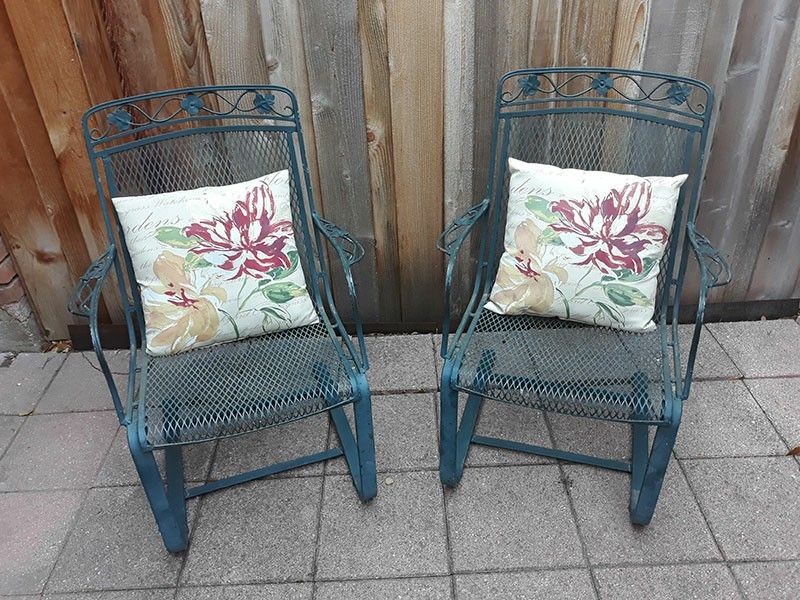 Vintage Wrought Iron Spring Base Outdoor Patio Chairs (Pair)