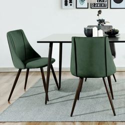 Set Of 4 Dark Green Terry Fabric Upholstered Walnut Metal Legs Side Dining Chairs Seats Office Living Room
