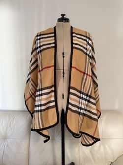classic camel plaid open-front poncho features a distinctive tartan