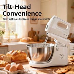 4.8QT 2-in-1 Stand Mixer, White Electric Kitchen Mixer, Auto-Rotating Bowl & Tilt-Head, 5-Speed 250W