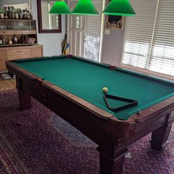 Pool table, cues, lights and more