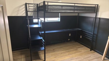Black Metal Loft Bed with Desk and Stairs