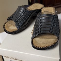 Naturalizer Leather Slide Sandal Heel Open Toe Blue slate Slip On Wedge Shoes 6M