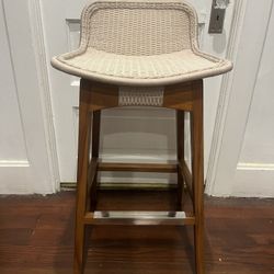 Mid Century Modern Palecek Beige Woven Teak Wood Bar Height Stool (1)