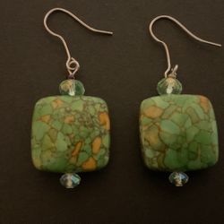 Green Stone Dangling Earrings With Crystal Beads