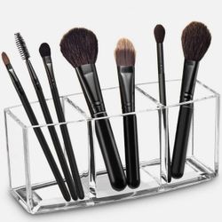 Acrylic Makeup Brush Organizer Holder Clear Cosmetic Brushes Storage w/ 3 Slots