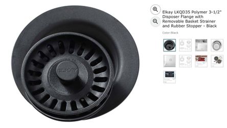Elkay LKQD35 Polymer 3-1/2" Disposer Flange with Removable Basket Strainer and Rubber Stopper - Black
