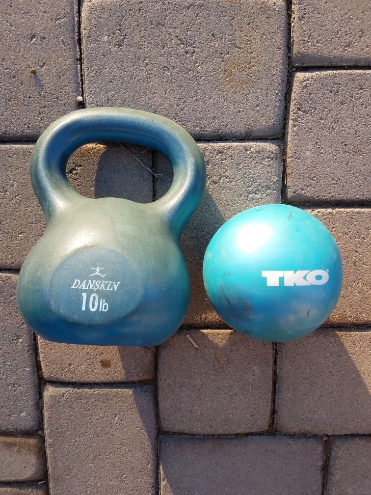 20 lb Danskin kettlebell and 5 lb TKO medicine ball