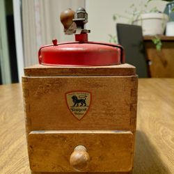 Vintage Peugeot Frères Coffee Grinder - Red & Wood