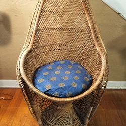 Vintage Mid Century Wicker Peacock Chair With Hourglass Base and Cushion