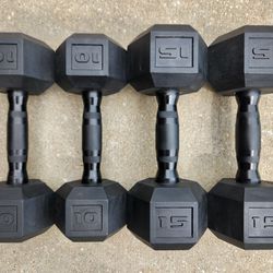 Rubber Hex Black Handle Dumbbell Pairs 10s and 15s