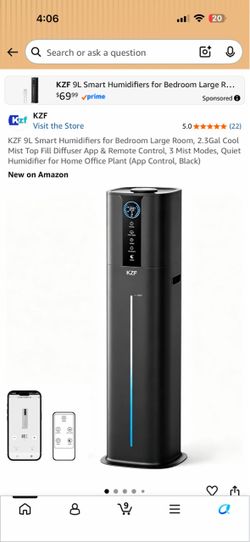 KZF 9L Smart Humidifiers for Bedroom Large Room, 2.3 Gal Cool Mist Top Fill Diffuser App & Remote Control, 3 Mist Modes, Quiet Humidifier for Home Off