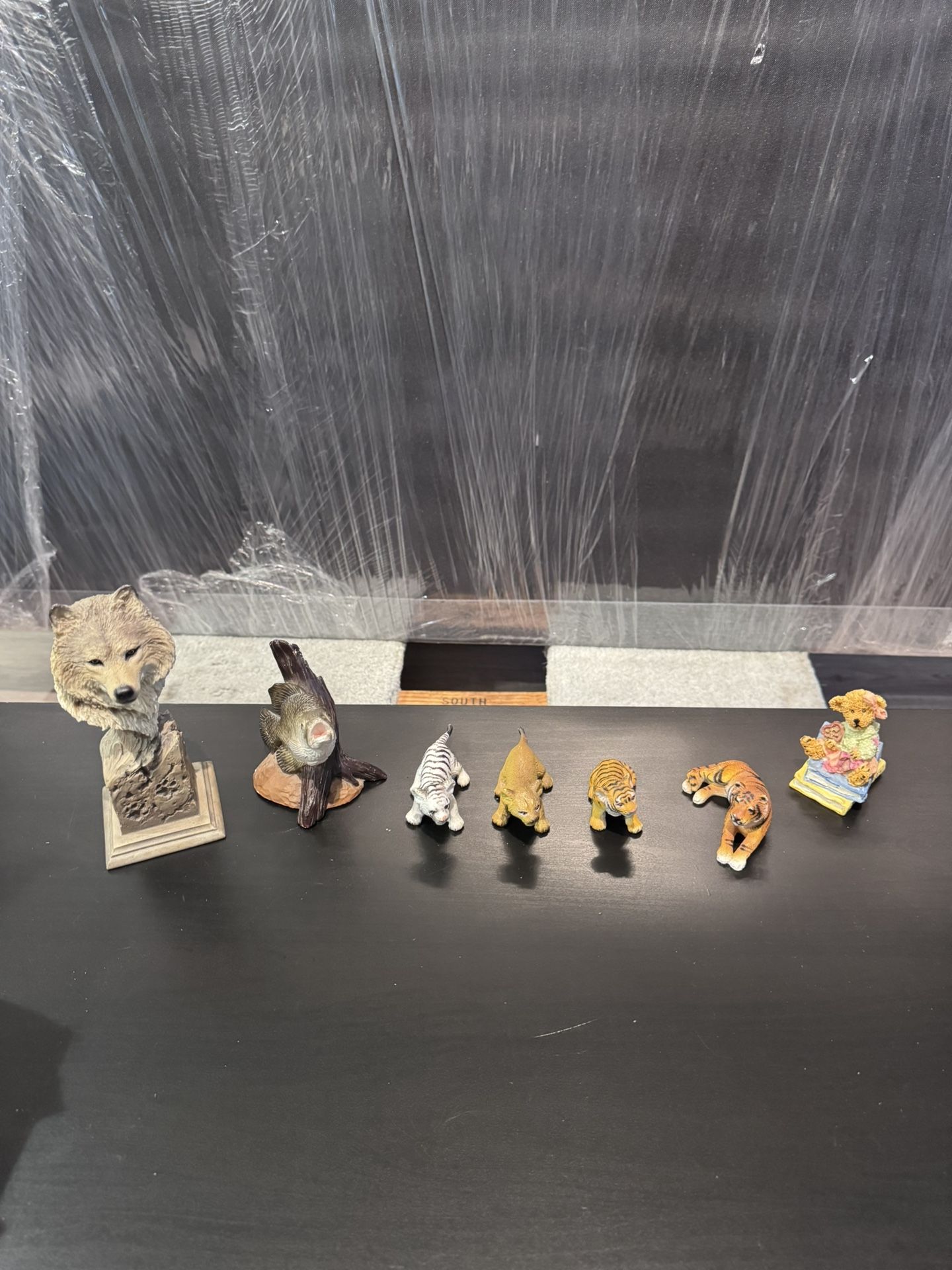 Lot of 7 Animal Figurines – Wolf, Fish, Tiger Cubs, Lion Cub & Teddy Bear – Mixed Resin & Plastic Figures