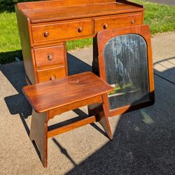 Antique Makeup Vanity, Stool, & Mirror 