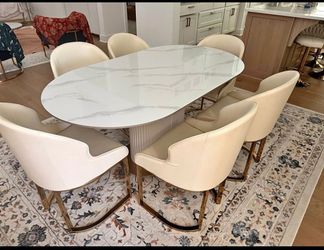 Modern Oval Marble pattern top Dining Table with 6 Cream Chairs