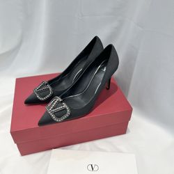Valentino Black Satin Pointed Toe Pumps Embellished V Logo
