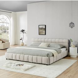 King Size Bed Frame with 4 Storage Drawers and Upholstered Headboard, Chenille Upholstered Platform Bed with Wood Slat Support, King Grounded Bed, No 
