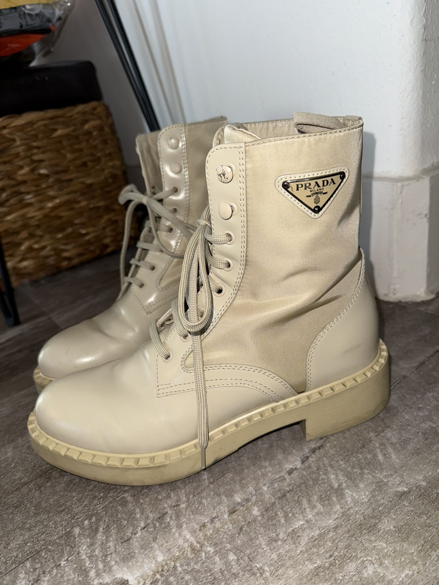 Prada Beige Lace Up Combat Boots Nude