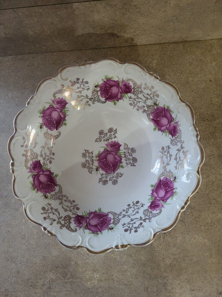 Antique Vintage China Serving Bowl, Big Pink Cabbage Roses