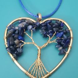 Gold Tone Metal And Blue Gem Chip Tree Of Life Heart Necklace 