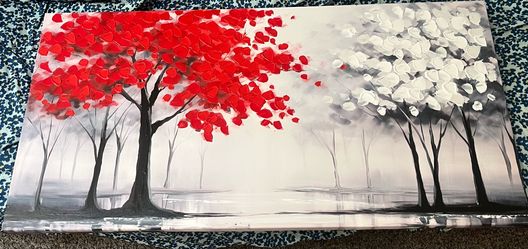 Red black white gray tree wall decor