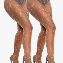 2 pair Sexy Sparkly Fishnets Stockings Jeweled High Waist Fishnet Tights for Women Rhinestone Party Pantyhose