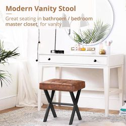 Vanity stool, square faux leather makeup stool with metal legs in X