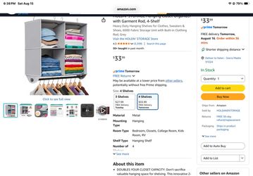 4 Shelf Organizer with Hanging Rod  **NEW*