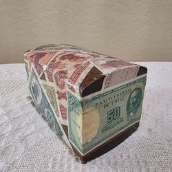 Vintage Decoupage Foreign Travel Currency Collage Hinged Lined Wood Wooden Box