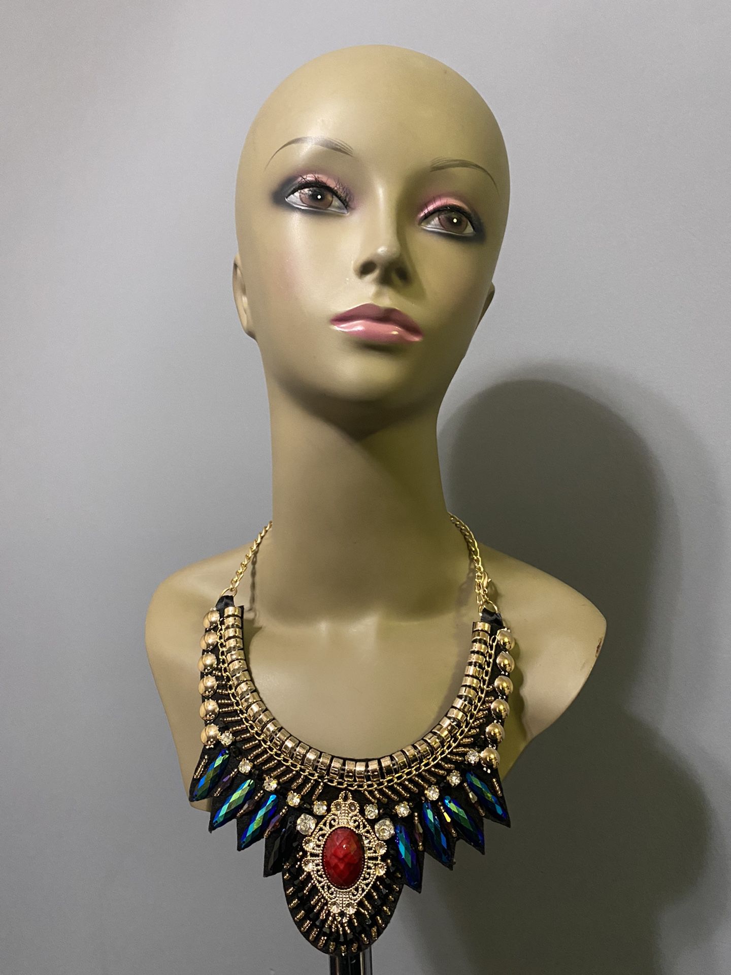 Metallic Blue, Black and Gold Beaded Bib Chain Pendant Necklace 