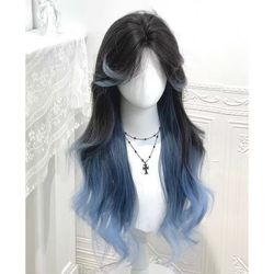 25 inch Long Curly Ombre Wig - Dark Brown to Blue